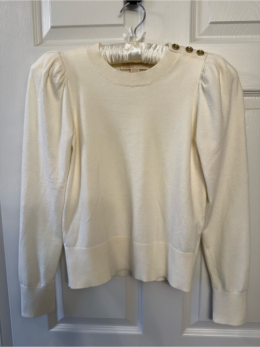 Michael Kors Cream Puff Sleeve Sweater with Gold Shoulder Buttons